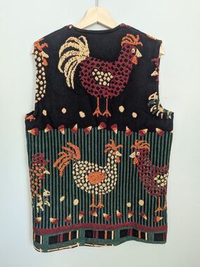 Vintage Tapestry Blanket Vest Chicken Rooster Print Open Handmade Cotton S M EUC